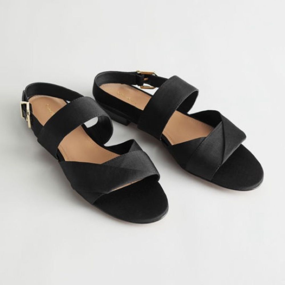 & Other Stories Black Twill Slingback Buckled Sandals Women’s 8 Wide Strap Flats - Picture 3 of 14